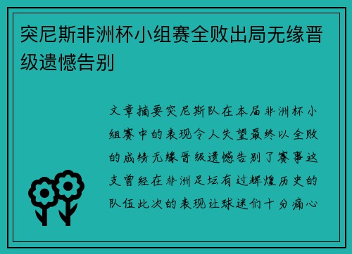 突尼斯非洲杯小组赛全败出局无缘晋级遗憾告别